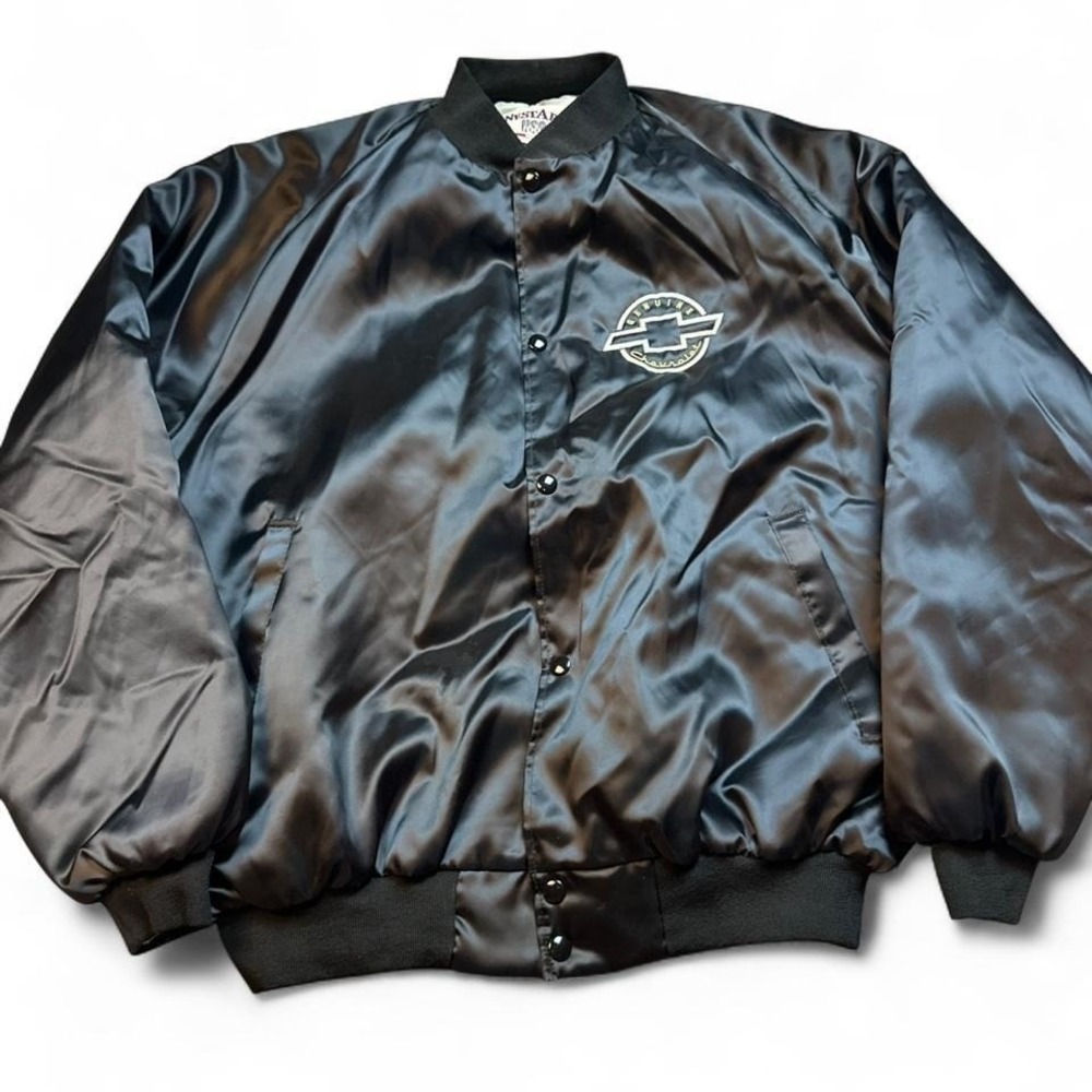 Vintage Genuine Chevrolet Chevy West Ark Black Satin Bomber Jacket Mens XL USA